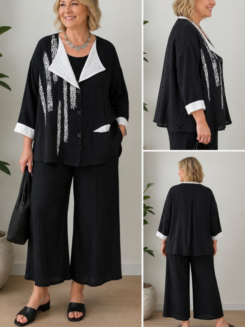 One O One Paris Art to Wear Lagenlook Oversized Button Front Jacket Black White
